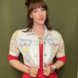 Vintage Jordache crop Jean jacket with 80s pattern